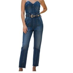 Retrofete Denim Jumpsuit Blue Strapless Belted Western Sweetheart Womens 24 XS